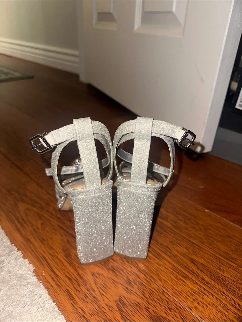Gianni Bini Silver Glitter Strappy Block Heel Sandals with Crystal Accent